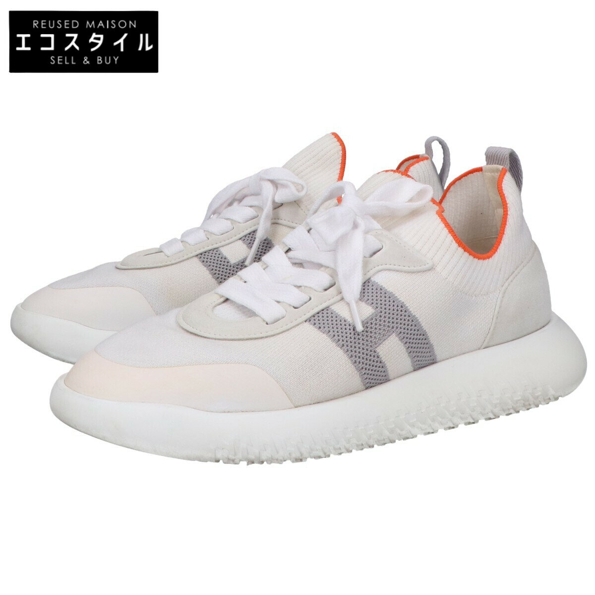 HERMES エルメス クルー ニット×シェーブルヴェロア Hロゴ ローカットスニーカー シューズ 37 ホワイト..