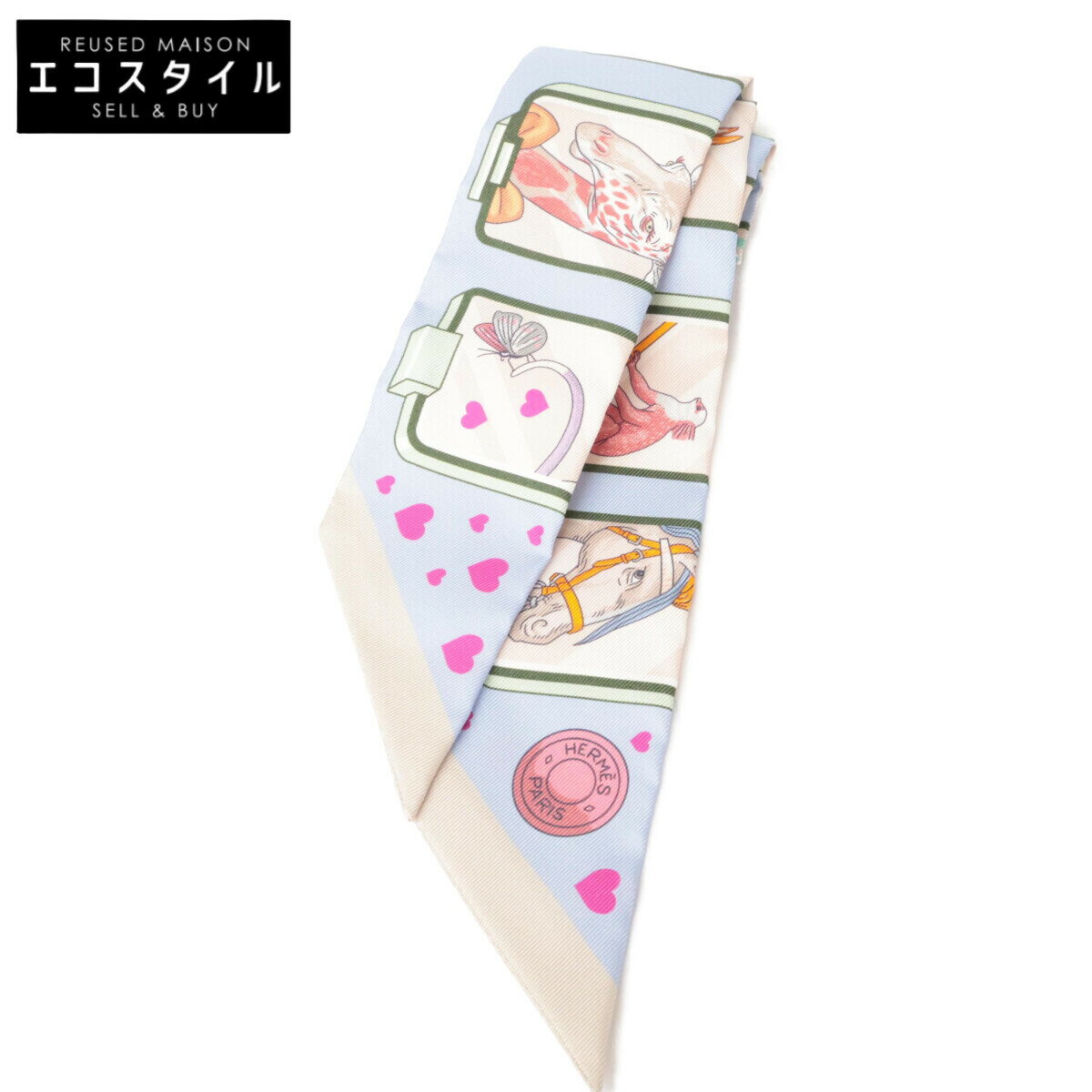 HERMES エルメス 【新品同様】STORY ストーリー シルク ツイリー スカーフ ブルーペール/ローズ/ヴェー..