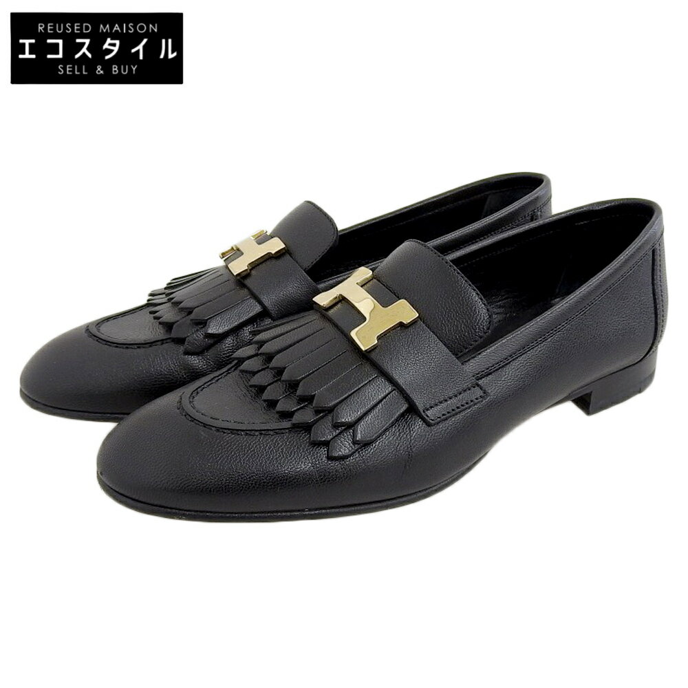 HERMES エルメス 美品 モカシン ロワイヤル シェーヴル G金具 Hモチーフ フリンジ レザー ローファー ..