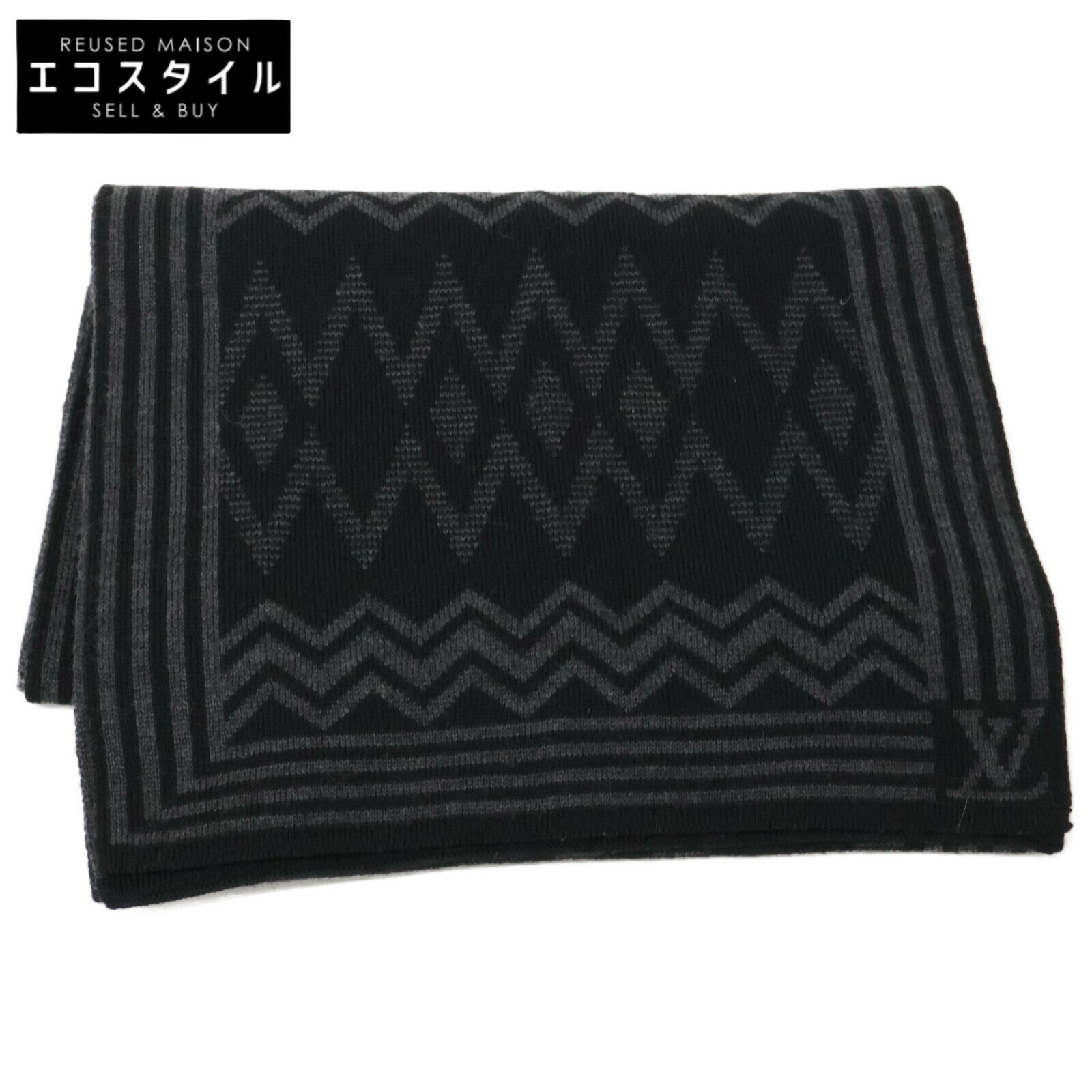 LOUIS VUITTON ルイヴィトン 401910 ヴァージンウール シェブロンストライプ マフラー ブラック/グレー..
