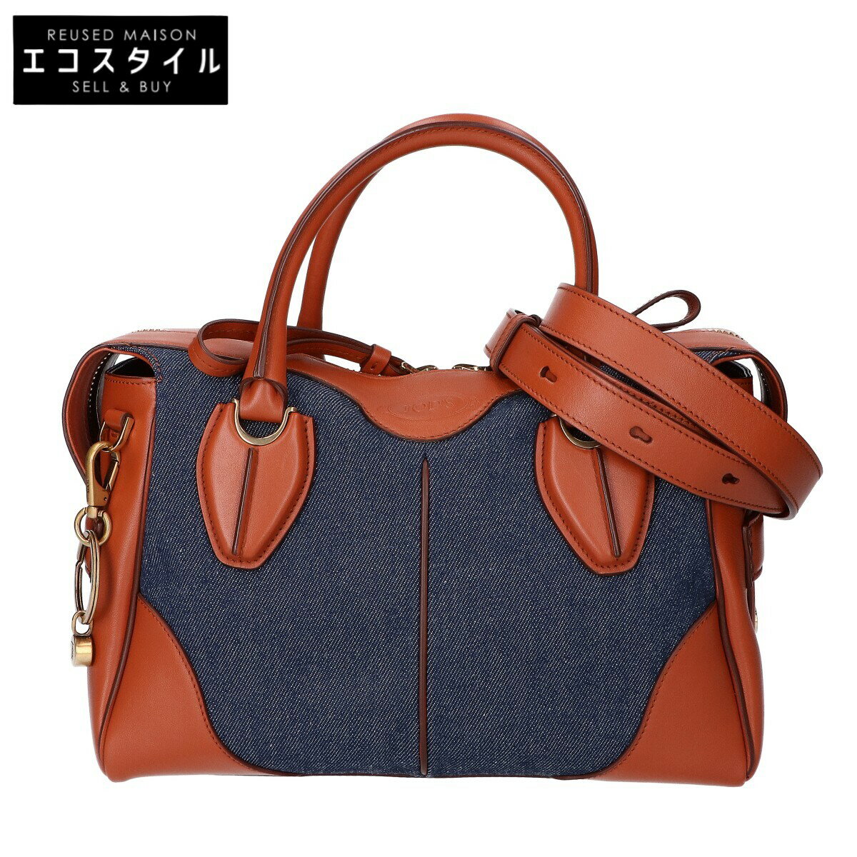 TOD'S トッズ 【美品】XBWANYL0200 レザーxデニム 2WAYショルダー ハンドバッグ ブラウン/インディゴ レディース 【中古】(4)
