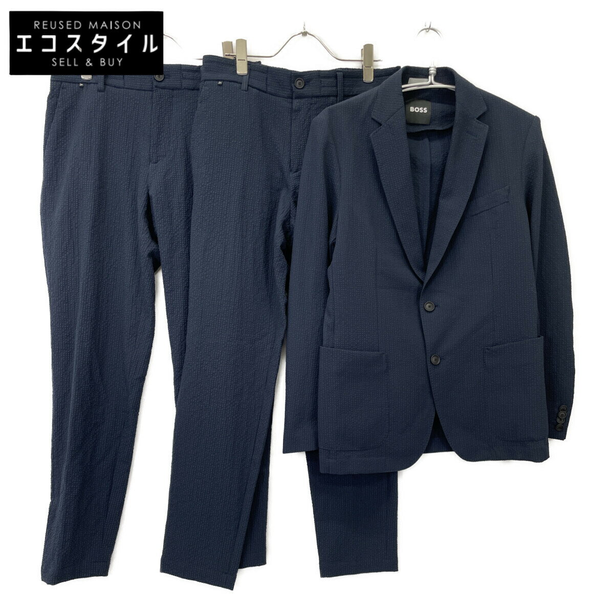 BOSS ボス ネイビー シアサッカー サイドベンツ 2Bジャケット/パンツ×2 セットアップ 44 ネイビー メン..