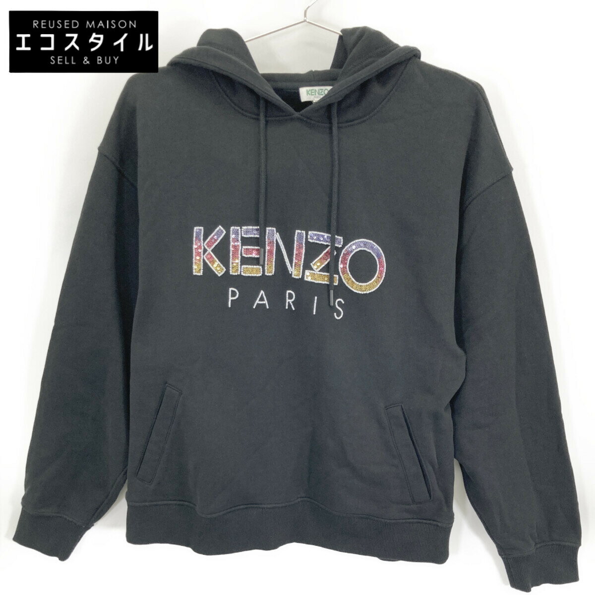 KENZO ケンゾー ブラック スパンコール コットン プルオーバー パーカー トップス M ブラック レディース 【中古】