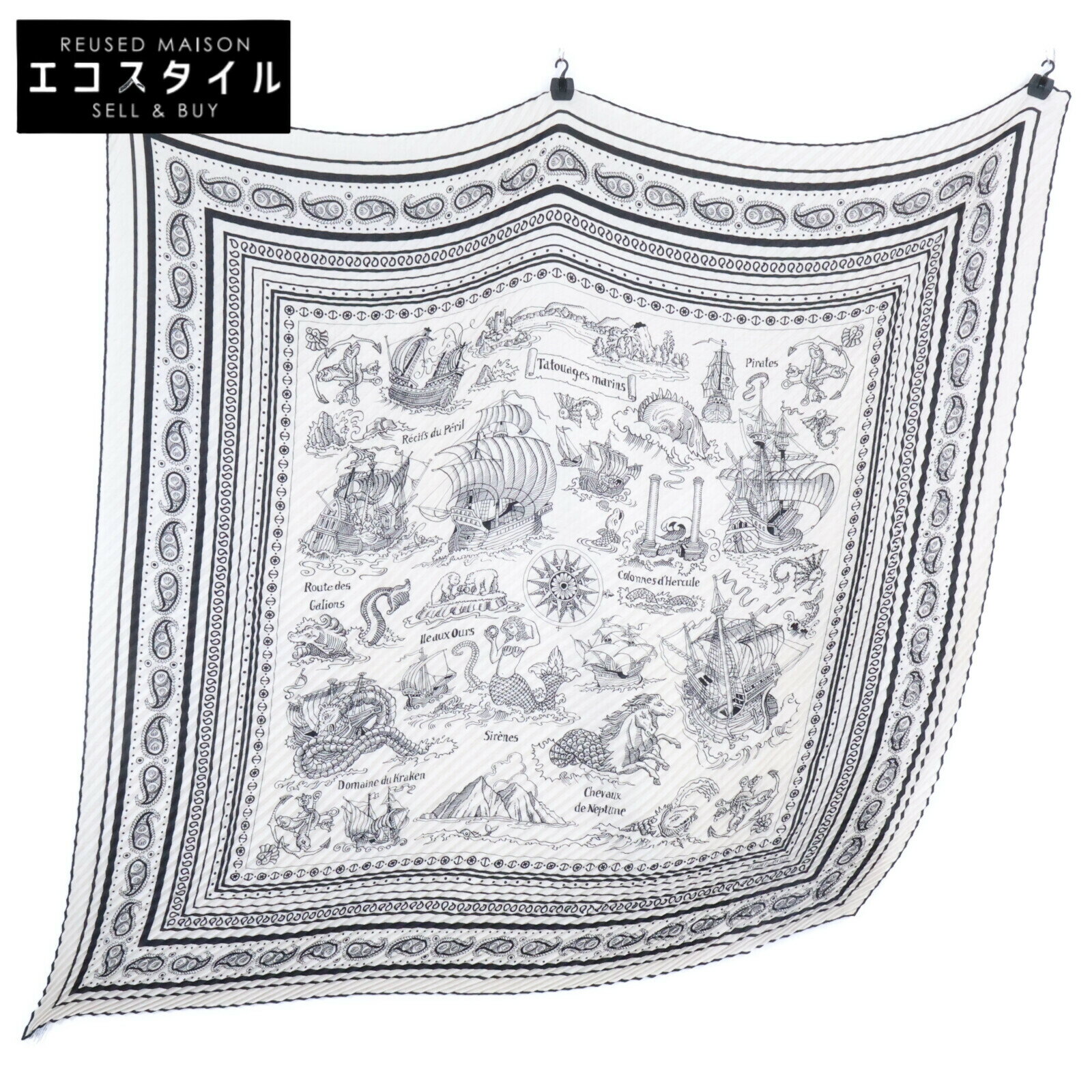 HERMES エルメス 【美品】Tatouages Marins Bandana 船乗りのタトゥー・バンダナ カシミヤ/シルク カレジェアン プリーツ ストール アイボリー/ブラック レディース 【中古】のサムネイル