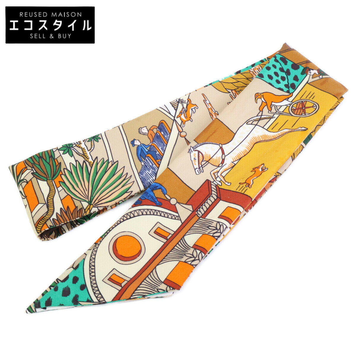 HERMES エルメス Animapolis アニマポリス シルク ツイリー スカーフ ブラウン系 レディース 【中古】