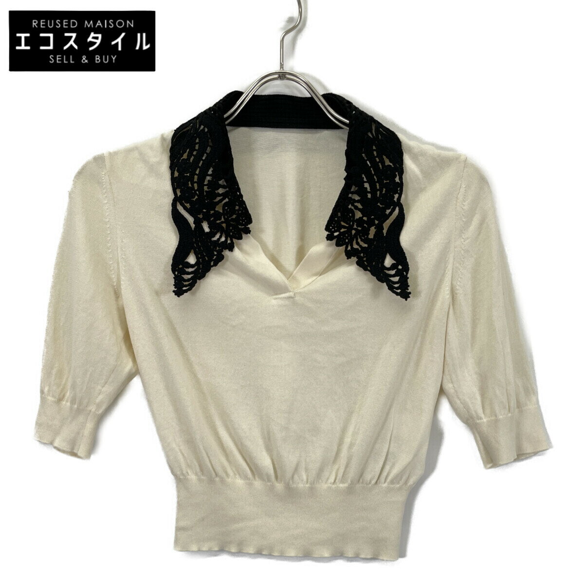 Mame Kurogouchi マメクロゴウチ 25AW アイボリー Embroidery Collar Knitted Top トップス 2 アイボリー ブラック レディース 【中古】