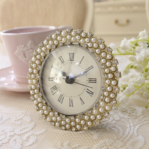 置時計 可愛い 時計 テーブルクロック エレガント 置き時計 クリスタル パール ラウンド ヨーロピアン クラシック ロココ調 アンティーク風 おしゃれ かわいい ギフト 姫系 韓国風 韓国インテリア ヨーロピアン