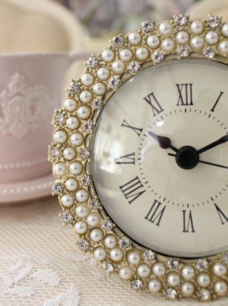 置時計 可愛い 時計 テーブルクロック エレガント 置き時計 クリスタル パール ラウンド ヨーロピアン クラシック ロココ調 アンティーク風 おしゃれ かわいい ギフト 姫系 韓国風 韓国インテリア ヨーロピアン [2]