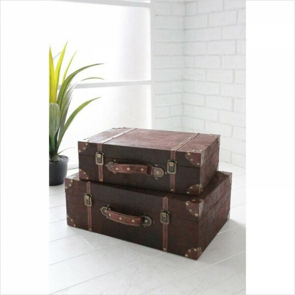 楽天スタイルロココレザー トランクボックス 2個セット 収納ボックス トランクケース 木製 ブラウン アンティーク調 リビング収納 店舗什器 フレンチカントリー シャビーシック アンティーク風 ブロカント