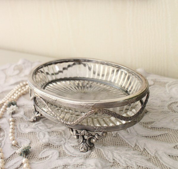 アンティーク 雑貨 （猫足オーバル ガラストレー 040）シルバー トレー 小物入れ ガラス おしゃれ アンティーク風 雑貨 輸入雑貨 antique shabby chic かわいい 北欧 シャビーシック フレンチシャビー