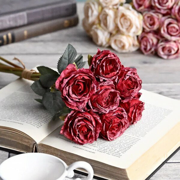 乐天商城 - 造花 薔薇 (レッド589) 赤 花束 7本セット ローズ ブーケ バラ 可愛い 花 アーティフィシャルフラワー ギフト プレゼント 贈り物