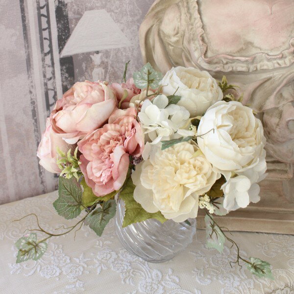 ローズ ブーケ バラ 可愛い イングリッシュローズ ブーケ 花束 薔薇（クリーム モーブ）ピンク クリームホワイト アンティーク風 薔薇 紫陽花 造花 シルクフラワー アーティフィシャルフラワー インテリアフラワー ブーケ 花束 おしゃれのサムネイル