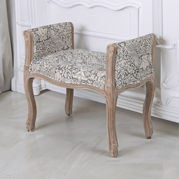 玄関スツール スツール グレー アンティーク調 いちご泥棒柄 玄関椅子 持ち手付き スツール ピュアモリス イギリス モリス風 輸入 椅子 木製 布張り 輸入家具 アンティーク風 クラシック 洋風 アンティーク調 モダン ダークブラウン