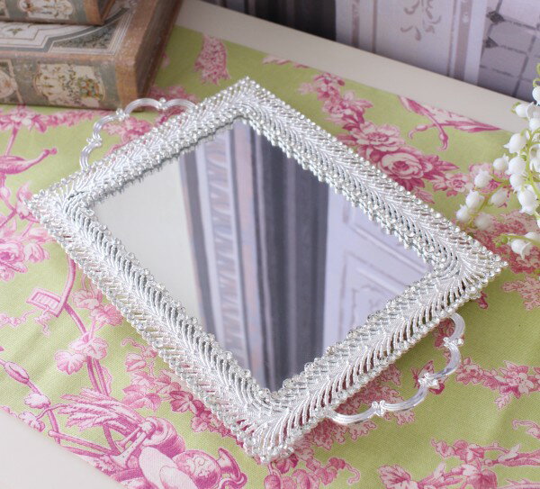 ミラートレー ラインストーン ディスプレイ シルバートレー レクト 飾り台 シルバー 小物入れ (45904) アンティーク風 ロココ調 姫系 輸入雑貨 可愛い [2]