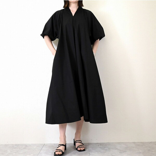ワンピース ボリュームスリーブ 半袖 キーネック 無地 ロング レディース マスタード ブルー ブラック