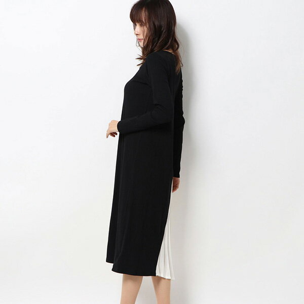 ワンピース ロングワンピース プリーツ切替 クルーネック 長袖 無地 コットン100% 綿 レディース ブラック ダークレッド カーキ モカ