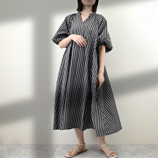 【Rakuten Fashion THE SALE】ワンピース ロングワンピース パフスリーブ ストライプ 5分袖 半袖 スキッパー レディース ブルー キャメル ブラック