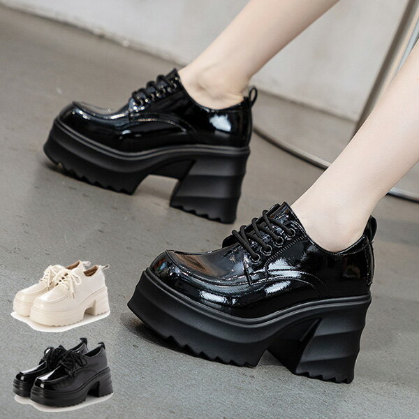 樂天商城 - レースアップシューズ チャンキーヒール 太ヒール 歩きやすい レザー調 黒 シューズ 靴 レディース オフホワイト ブラック