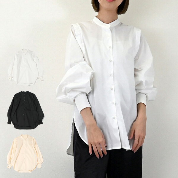 シャツ ブラウス 無地 ボリュームスリーブ 長袖 バンドカラー トップス レディース ホワイト エクリュ ブラックのサムネイル
