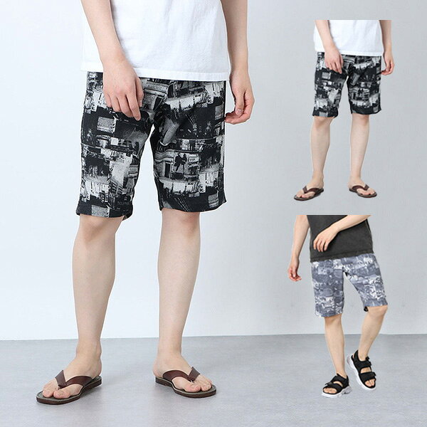 Rakuten - 【取り寄せ対応】ハーフパンツ ショートパンツ 裏毛 総柄 フォトプリント スウェット イージー ウエストゴム 夏 パンツ ボトムス メンズ ブラック グレー