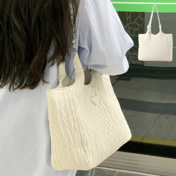 樂天商城 - ショルダーバッグ トートバッグ 大きい 肩掛け エンボス風 チェーン 合皮 PUレザー バッグ 鞄 レディース ベージュ