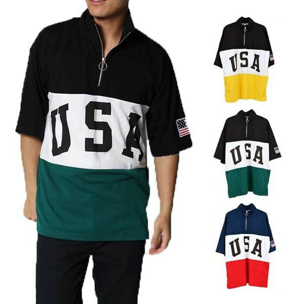 樂天商城 - USAロゴTシャツ Tシャツ カットソー ハーフジップ スタンドカラー 半袖 USA ロゴ トリコロールカラー 星条旗 ワッペン トップス メンズ レッド イエロー グリーン