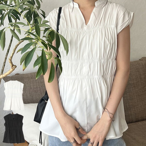 シャツ ブラウス ギャザー ノースリーブ 無地 白 黒 スキッパー トップス レディース ホワイト ブラック