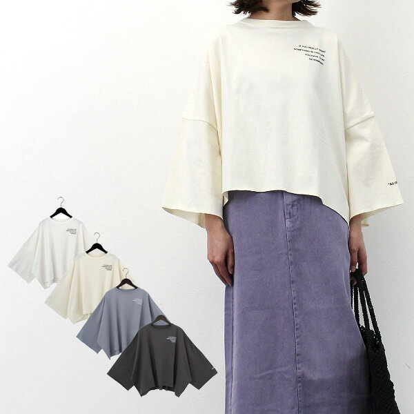 Tシャツ カットソー 長袖　ロゴプリント クルーネック 春　夏 天竺 オフライン コットン 綿100% トップス レディース オフホワイト アイボリー ブルー チャコールグレー