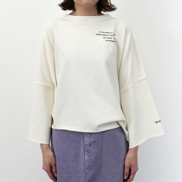 Tシャツ カットソー 長袖　ロゴプリント クルーネック 春　夏 天竺 オフライン コットン 綿100% トップス レディース オフホワイト アイボリー ブルー チャコールグレー