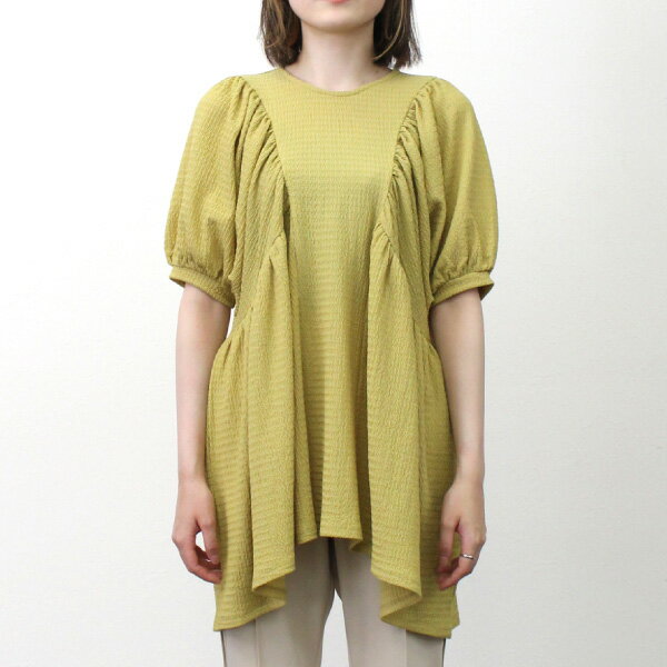 【取り寄せ対応】シャツ カットソー 半袖 ギャザー ジャガード 無地 夏 ボリュームスリーブ 白 トップス レディース アイボリー ベージュ マスタード ブラック