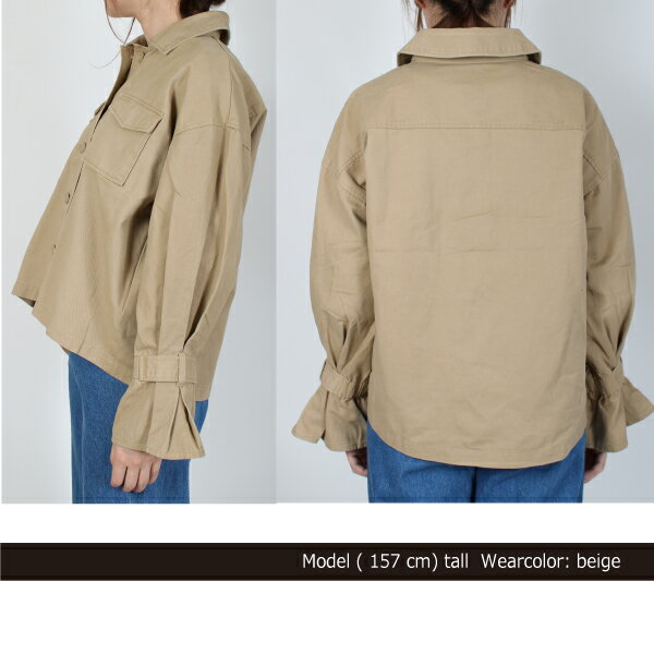 ジャケット ブルゾン ミリタリージャケット フリルスリーブ ワイドカラー 綿 コットン100% アウター レディース ベージュ ブラウン カーキ ブラック