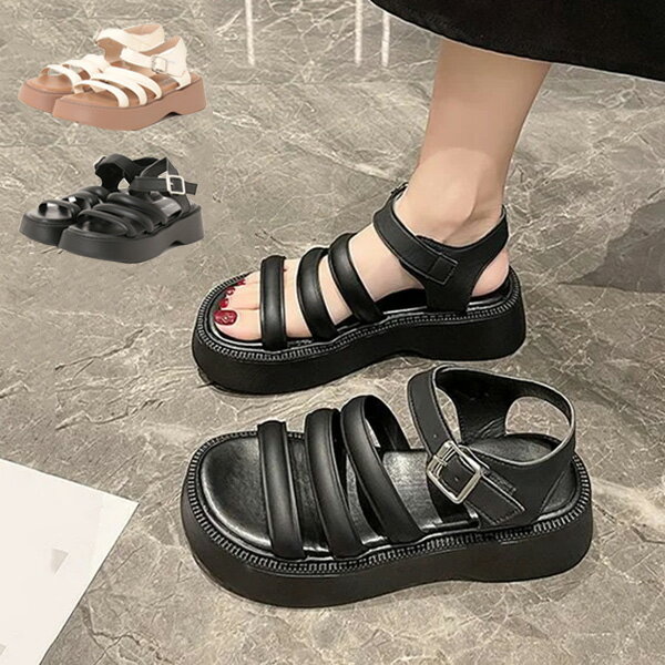 樂天商城 - 厚底サンダル ストラップサンダル ベルト 歩きやすい 黒 PUレザー サンダル シューズ 靴 レディース ブラック ベージュ