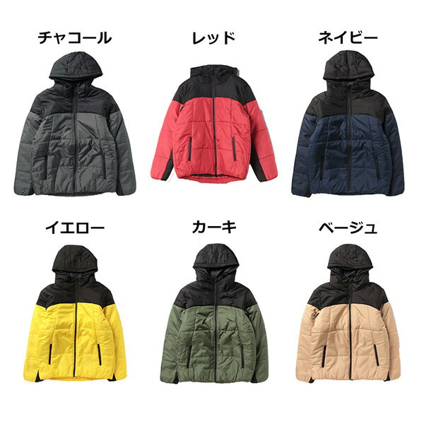中綿ジャケット ブルゾン パデット デュスポ バイカラー 無地 フード アウター ユニセックス メンズ チャコール レッド ネイビー イエロー カーキ ベージュ