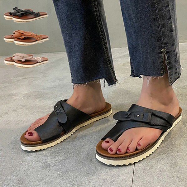 樂天商城 - トングサンダル フラットサンダル ぺたんこ PUレザー ベルト 歩きやすい 黒 夏 靴 シューズ レディース ブラック グレー ダークブラウン