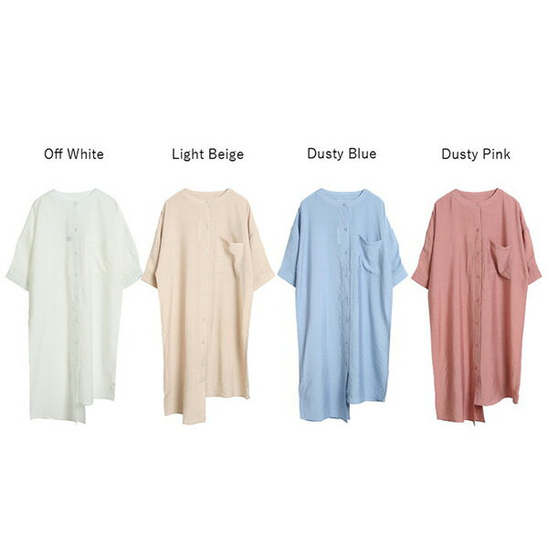 ワンピース シャツワンピ 夏 ノーカラー タックスリット アシンメトリー 5分袖 半袖 無地 きれいめ シアー ショート丈 ミニ 透け感 レディース　ライトベージュ オフホワイト ダスティピンク ダスティブルー