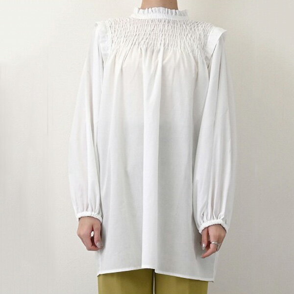 シャツ ブラウス　チュニック ボリュームスリーブ 長袖 無地 シャーリング 白 黒 ハイネック トップス　レディース ホワイト ブルー ブラック