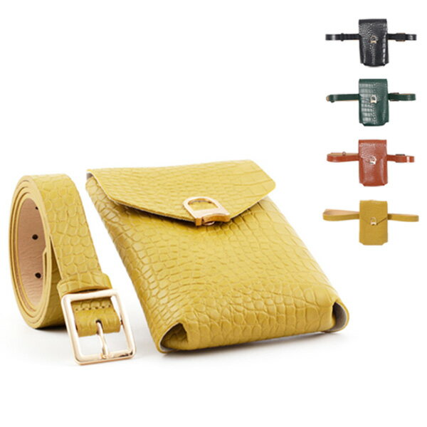 ベルト ウエストポーチ クロコダイル 型押し 合成皮革 レザータッチ 細い バッグ 鞄 レディース キャメ..