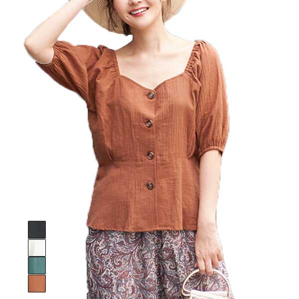 シャツ ブラウス 半袖 パフスリーブ 楊柳 無地 スクエアネック フロントボタン 綿 コットン100% トップス レディース ブラック オフホワイト モカ グリーン