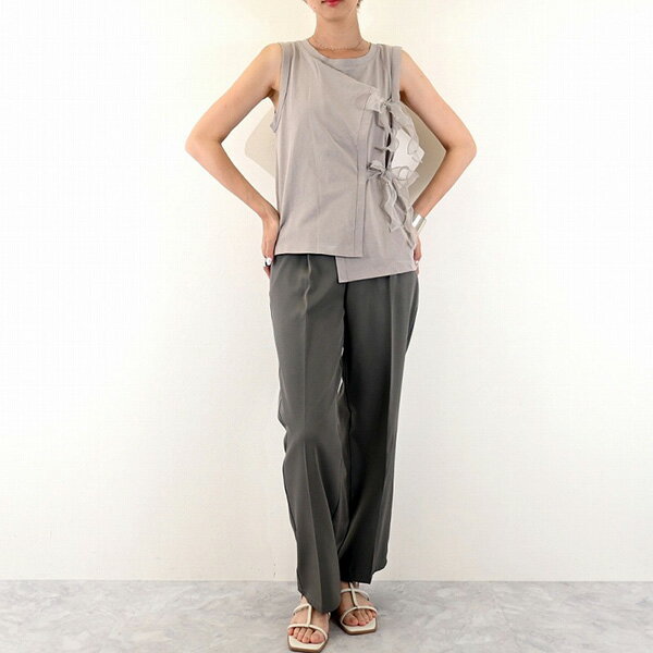 タンクトップ ノースリーブ オーガンジー リボン 無地 天竺 コットン トップス レディース オフホワイト グレージュ ブラック