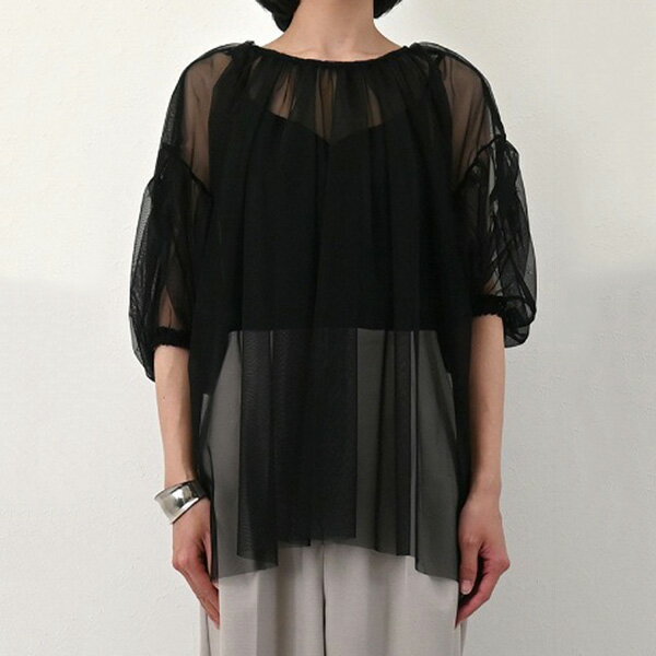 【取り寄せ対応】シャツ ブラウス レイヤード チュール シアー 無地 半袖 5分袖 白 黒 トップス レディース アイボリー グレー チャコールグレー ブラック