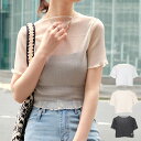 Tシャツ カットソー 半袖 メロウ ショート丈 無地 シアー トップス レディース アイボリー ライトグレー ブラック