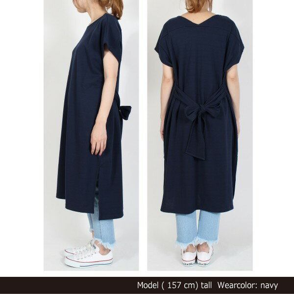 ワンピース ワンピ 無地 Aライン 半袖 バックリボン ミモレ丈 ミディアム スリット レディース オレンジ ネイビー ダークグレー ブラック