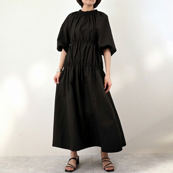 【あす楽対応】ワンピース ロングワンピース シャーリング ドロスト 半袖 5分袖 マキシ 無地 レディース エクリュ グレー ブラック