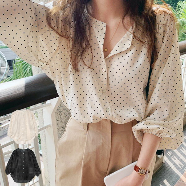 シャツブラウスドットノーカラー長袖...