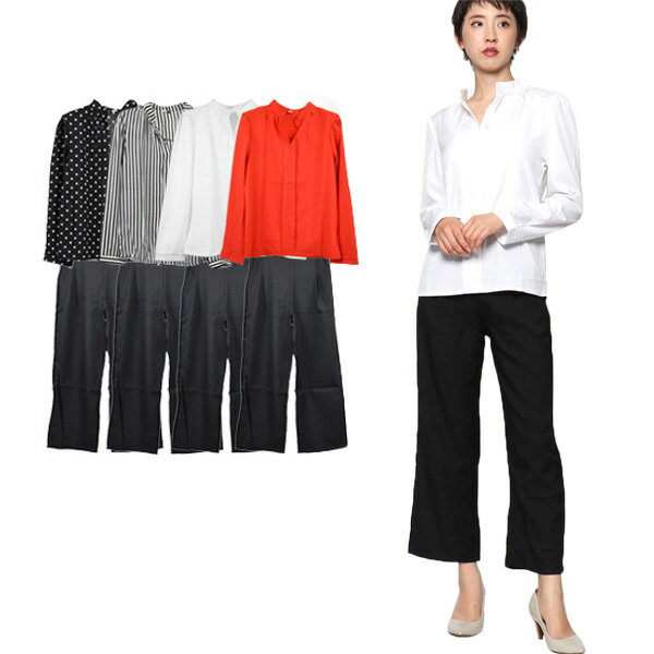 シャツ ブラウス 夏 上下セット セットアップ スキッパーブラウス ワイドパンツ ロングパンツ トップス..