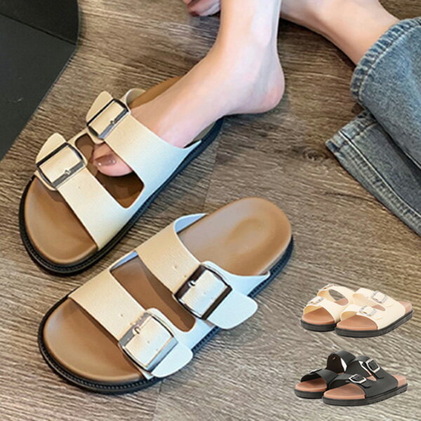 樂天商城 - コンフォートサンダル サンダル ダブルベルト フラット 歩きやすい シューズ 靴 レディース オフホワイト ブラック
