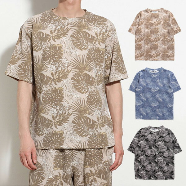 Tシャツ カットソー 半袖 ワッフル クルーネック リーフ柄 ボタニカル柄 エンボス トップス ユニセックス メンズ ベージュ ネイビー ブラック