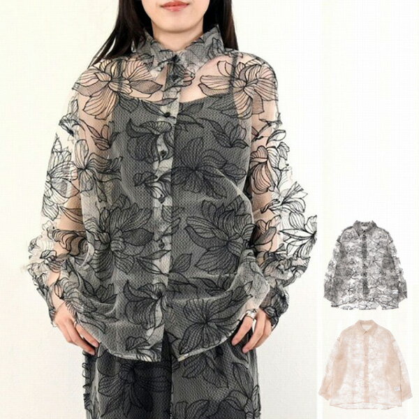 シャツブラウス長袖チュール花柄シア...