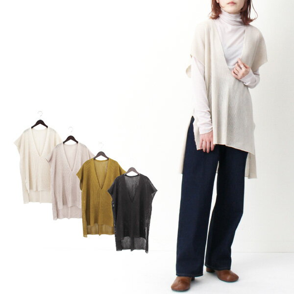 ニット ニットベスト セーター 透かし編み 無地 ノースリーブ Vネック トップス レディース アイボリー..