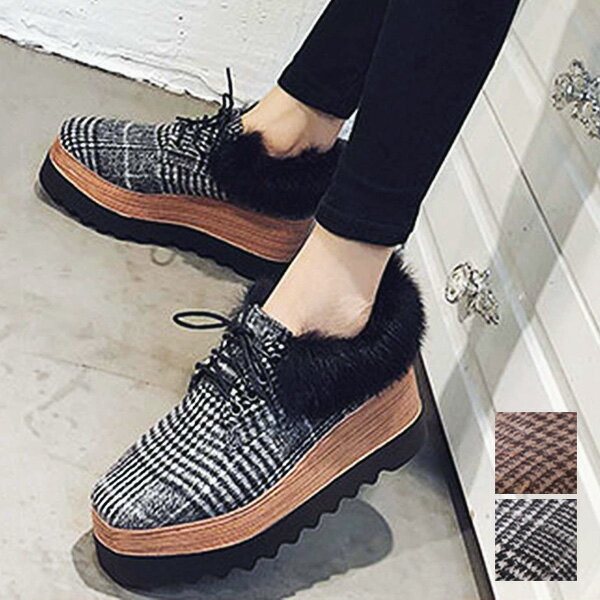 シューズ 厚底 レースアップシューズ ファーシューズ チェック柄 オックスフォードシューズ 靴 カジュアル シューズ レディース ブラック カーキ